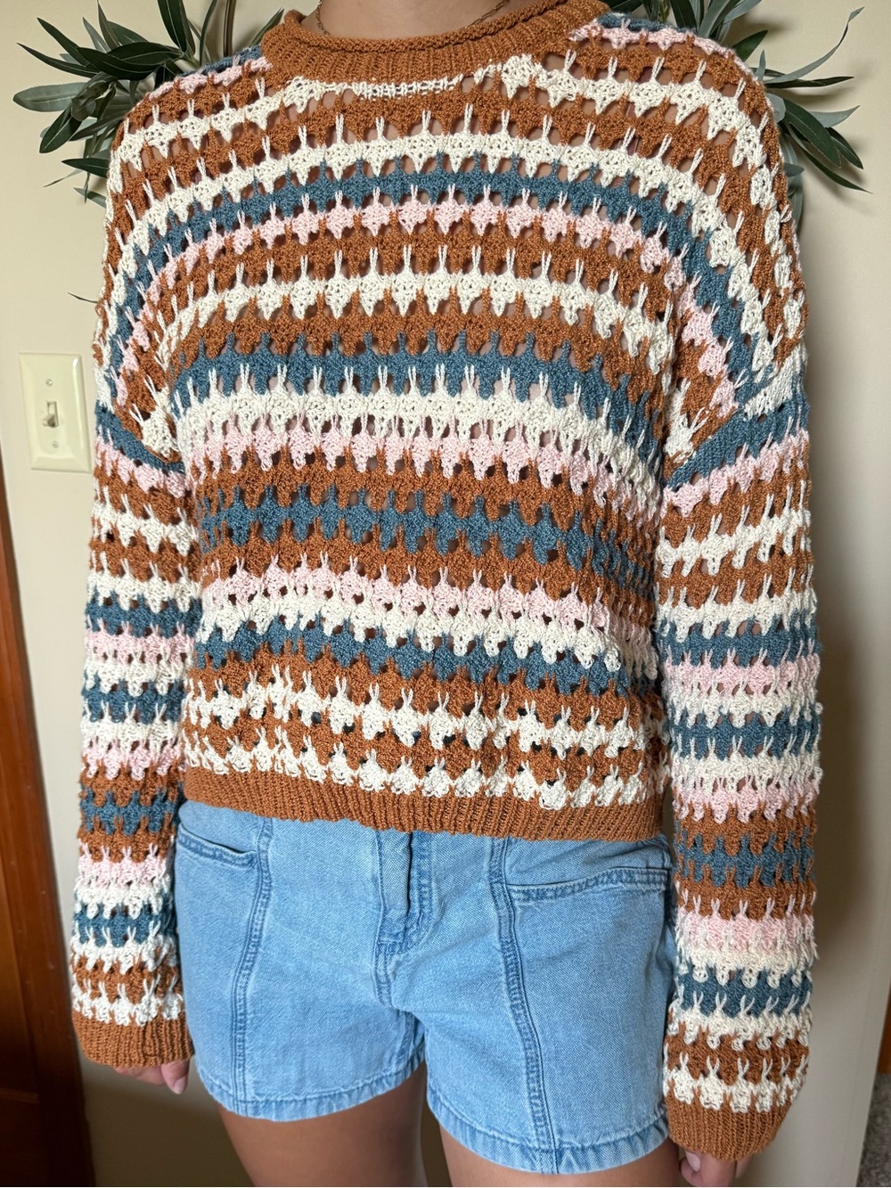 Pink Lily Open-Knit Striped Knit Crewneck Sweater
